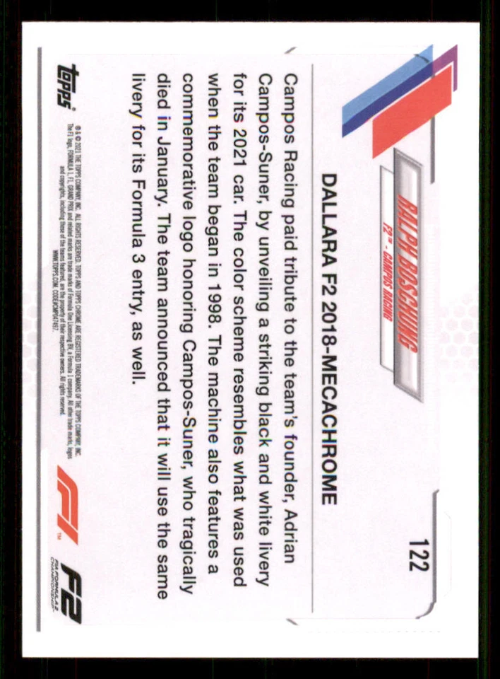 2021 Topps Chrome Formula 1 #122 Ralph Boschung/F2 Cars - Image 2 of 2