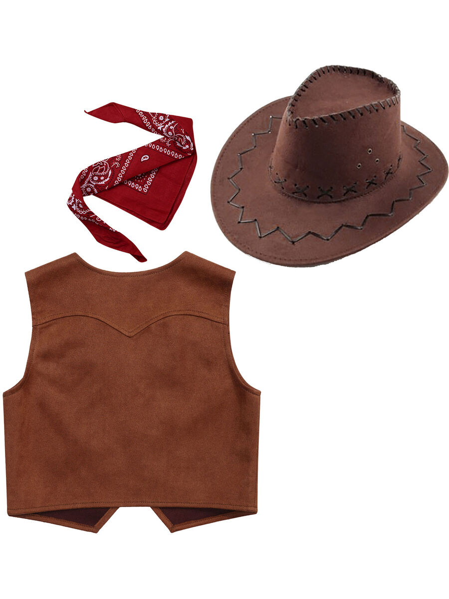 Cowboy Kostüm Kinder Jungen Western Weste mit Hut Kopftuch Karneval Outfit  Set