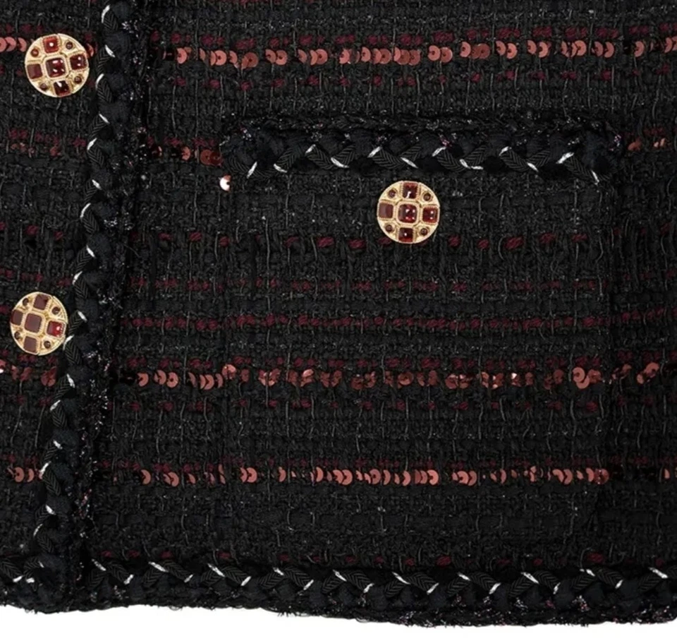 Chaqueta Negra Hecha a Mano Tweed Boucle con Lentejuelas Rojas Rayas Talla S,M,L,XL Foto 4 de 4