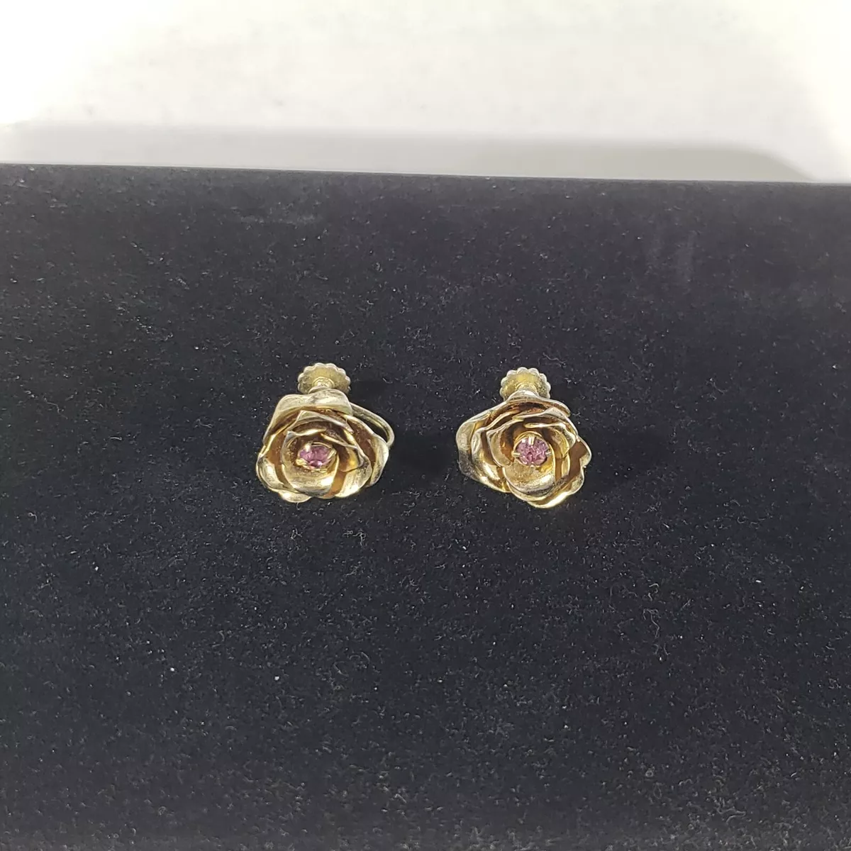 Vintage Coro Screw Back Earrings Gold Tone Flower Rose Pink Rhinestones Prong