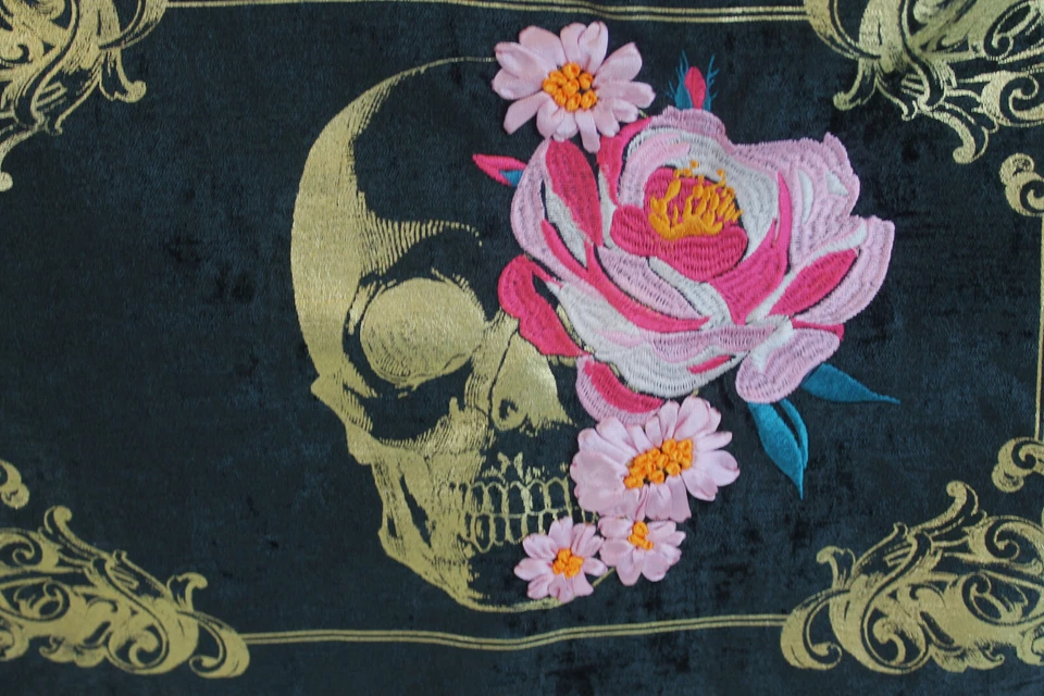 Funda Almohada Terciopelo Negro Día de Muertos Calavera Bordada Flores 18"x14" LEER Foto 2 de 4