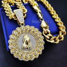 Iced Praying Hands Cubic Zirconia Pendant 10mm 18" ~ 30" Chain Hip Hop Necklace