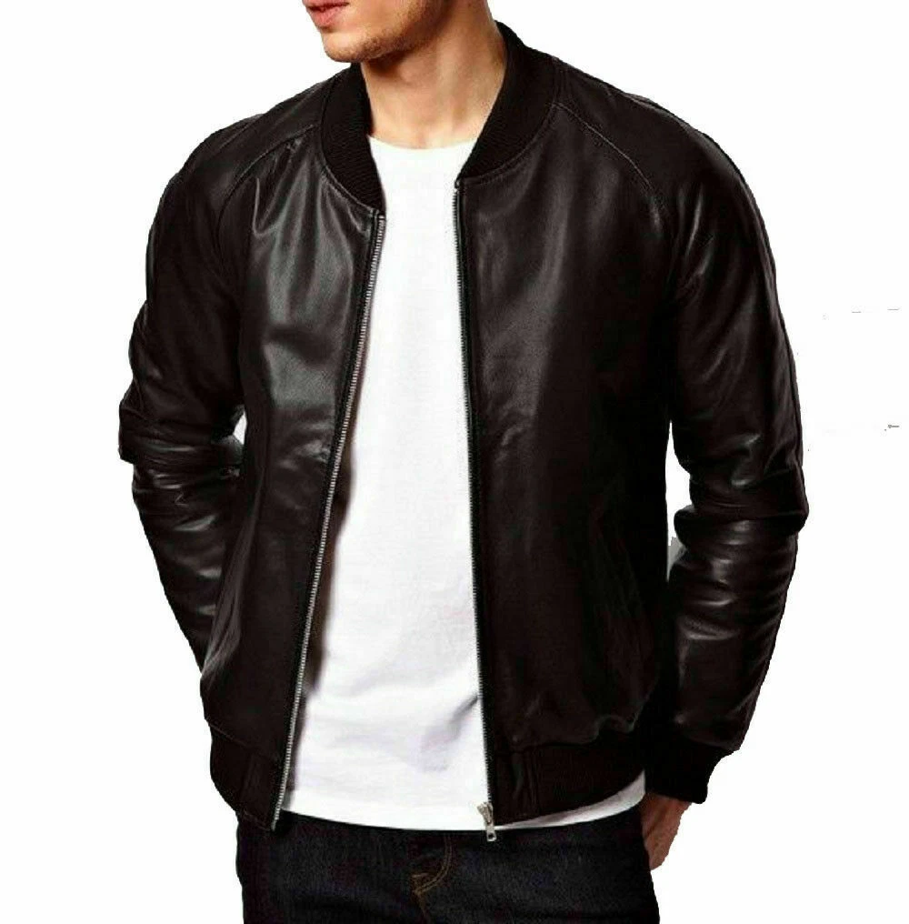 Men's Genuine Black Lambskin Leather Bomber Jacket SlimFit Baseball Varsity Coat