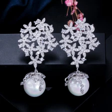 Silver Plated CZ Crystal Dangle Drop Pearl Earrings 925 Silver Fashion Jewelry