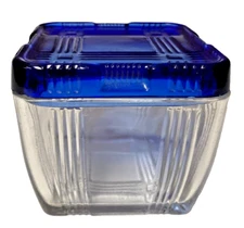 Retro MCM Hazel-Atlas Square Refrigerator Dish w/Cobalt Lid, Criss-Cross Pattern