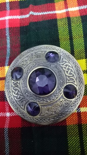 Scottish Kilt Fly Plaid Brooch Purple 5 Stone Antique Celtic Pin Brooches 4" - Picture 3 of 3