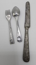 Vintage Miniature Cutlery Place Set Germany Aluminum Fork Knife Spoon Doll Art