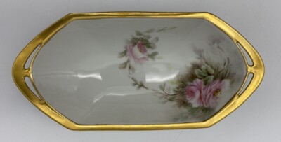MZ Austria hand painted Gilded 8'' Oval dresser tray or dish Roses Gold trim 1884