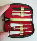 Vintage Manicure Kit in Zippered Leather Case W/ Embroidered Panel From Austria