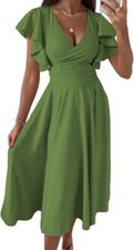 Women's V Neck Elegant Party Dress Short Sleeve Green Size L