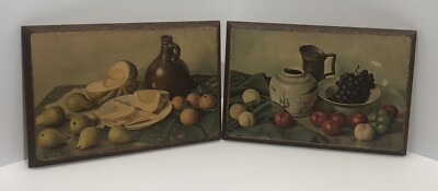 Lot of 2 Hank Bay Still Life Fruit Prints on Plywood , Primitive Looking