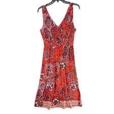 Garnet Hill Maxi Dress Womens 10 Red Orange Floral Boho V Neck Sleeveless Resort