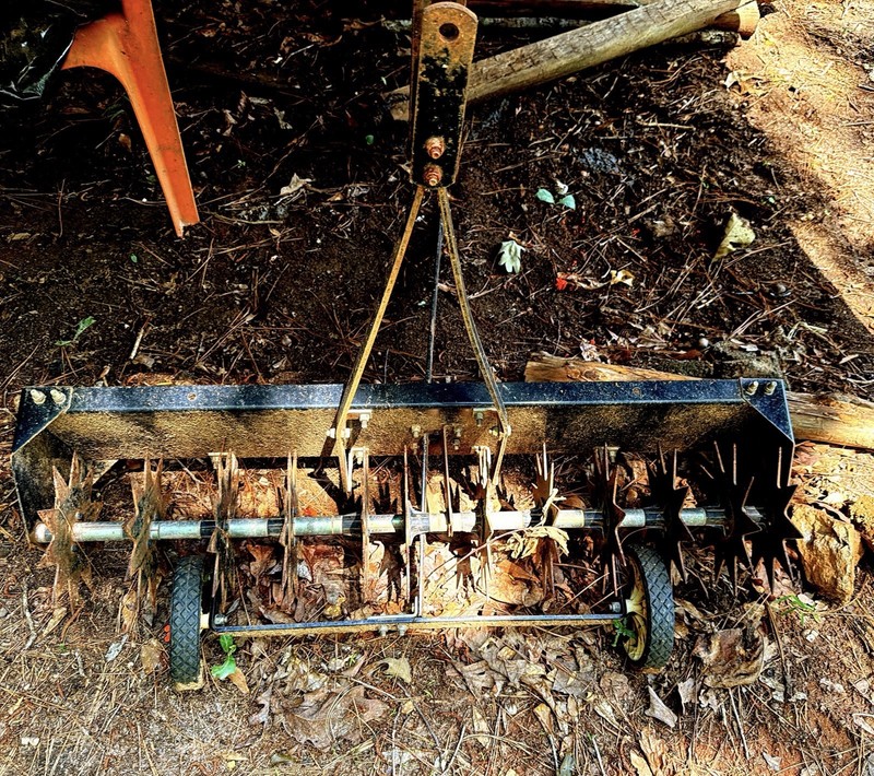 Blue Steel Tow-Behind Spike Drum Lawn Aerator Attachment w/ Hitch & Wheels