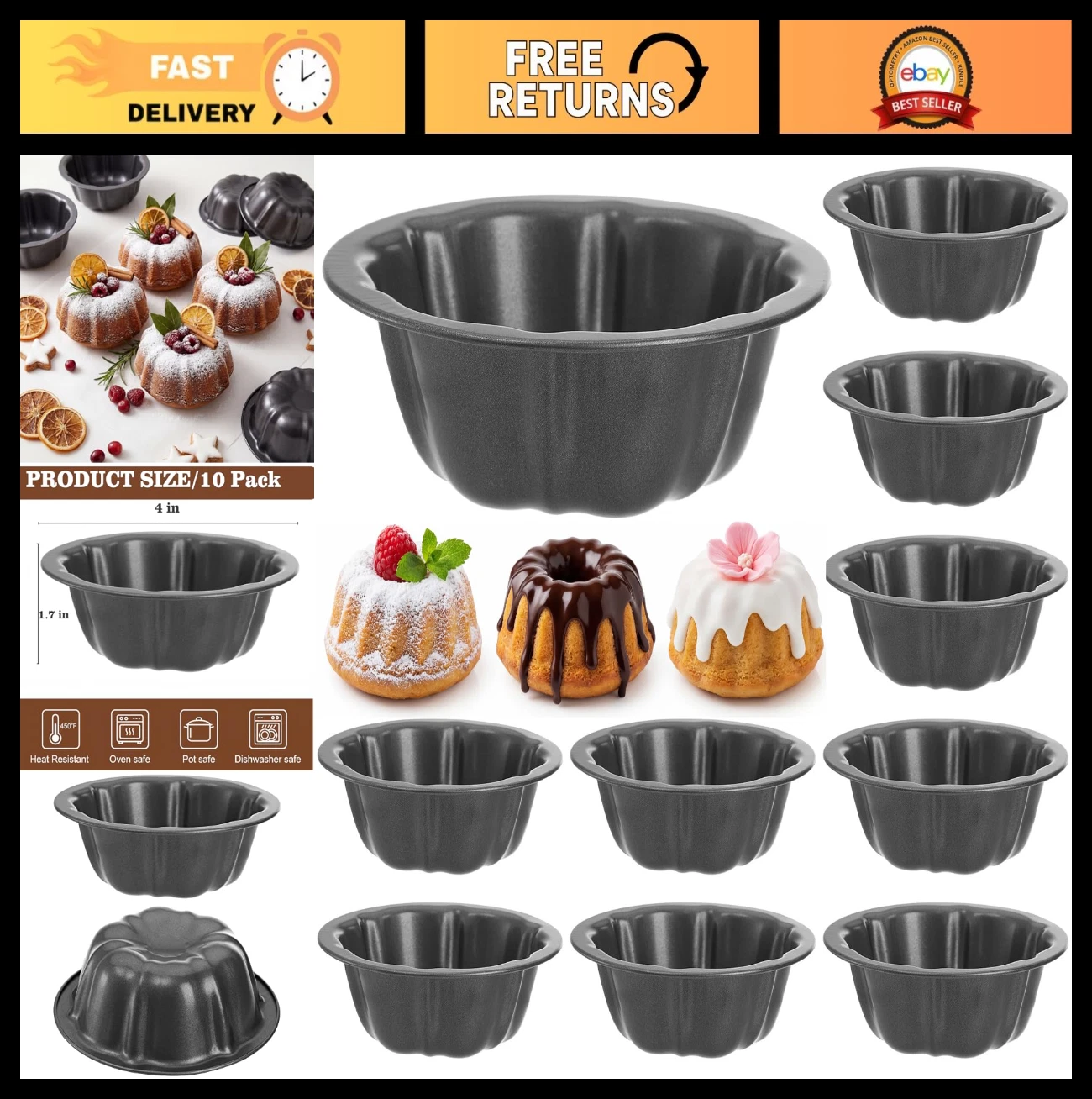 10 Pcs Mini Flan Molds 4" Nonstick Carbon Steel Cake Pans for Baking Cupcakes, B