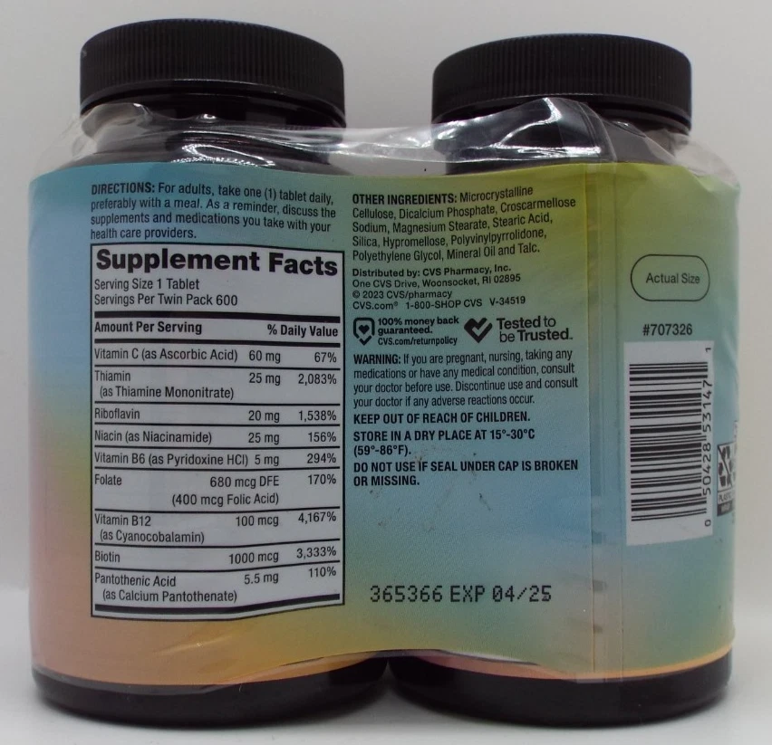 2 Complejo Super B con Vitamina C Energía e Apoyo Inmunológico 300 Comprimidos caducidad 4/25 Foto 2 de 2