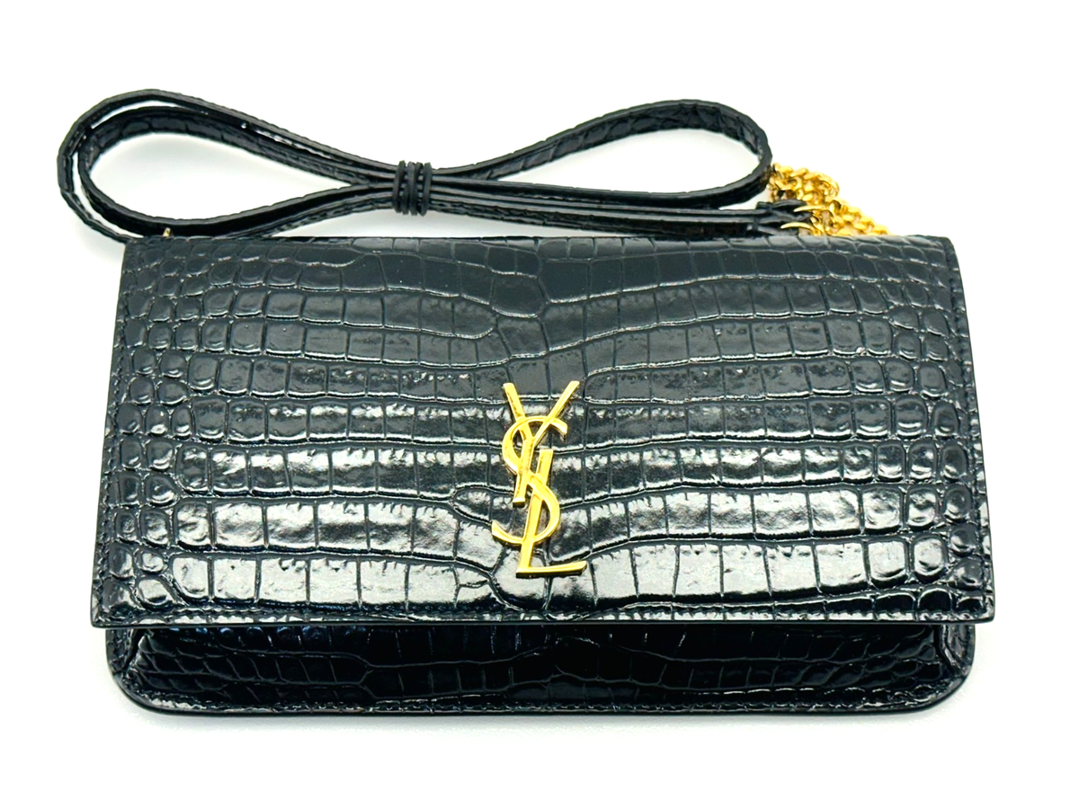 Yves Saint Laurent Cassandre Phone Holder In Shiny Crocodile