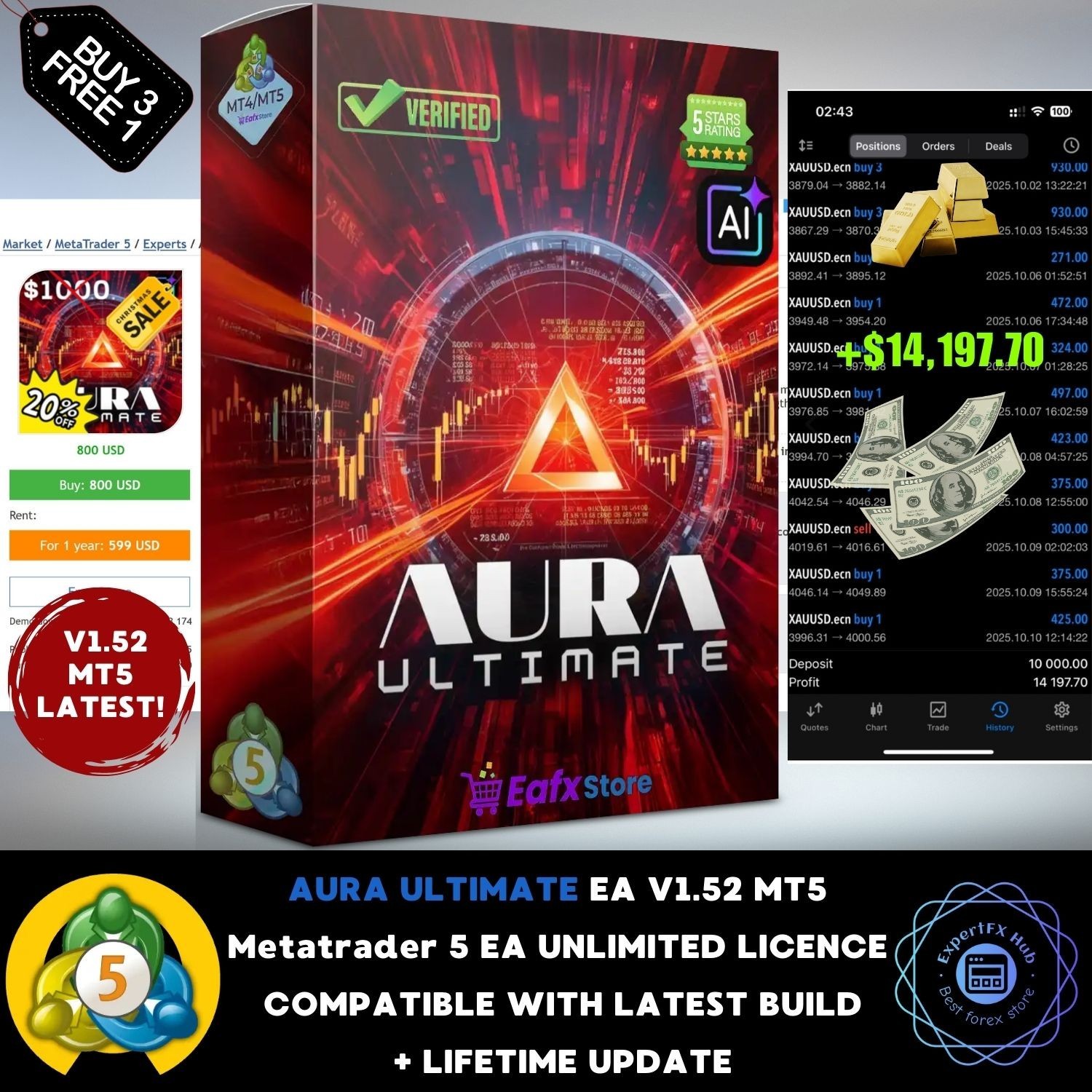 V1.52 Aura Ultimate Gold Mt5 Metatrader Expert Advisor Forex Algo Trading Bot