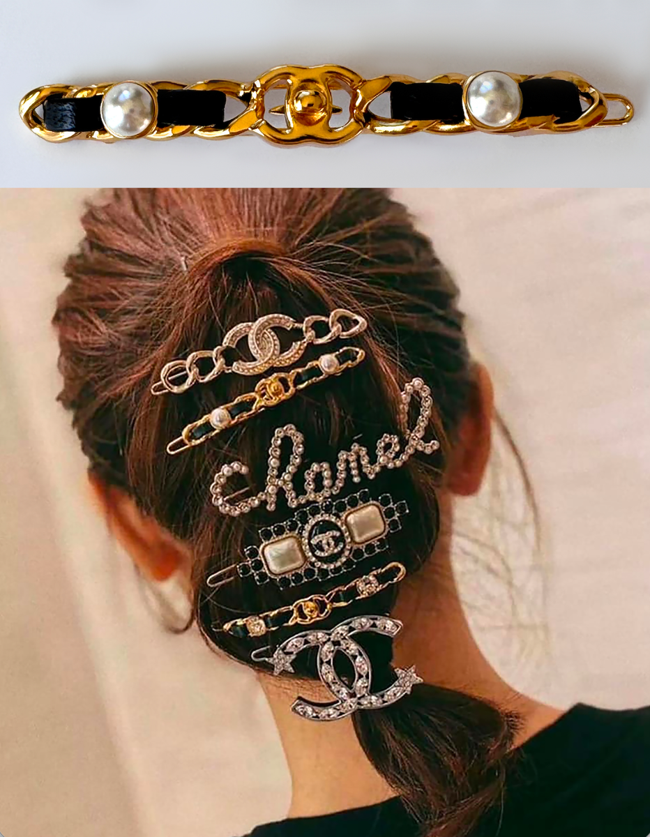 New 20A Chanel Hair Clip Barrette CC logo Gold White Pearl Black