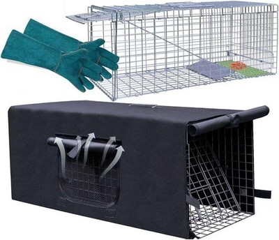 Live Animal Trap Cage with Cover & Gloves, Cat Trap for Stray Cats 32 Inch He...