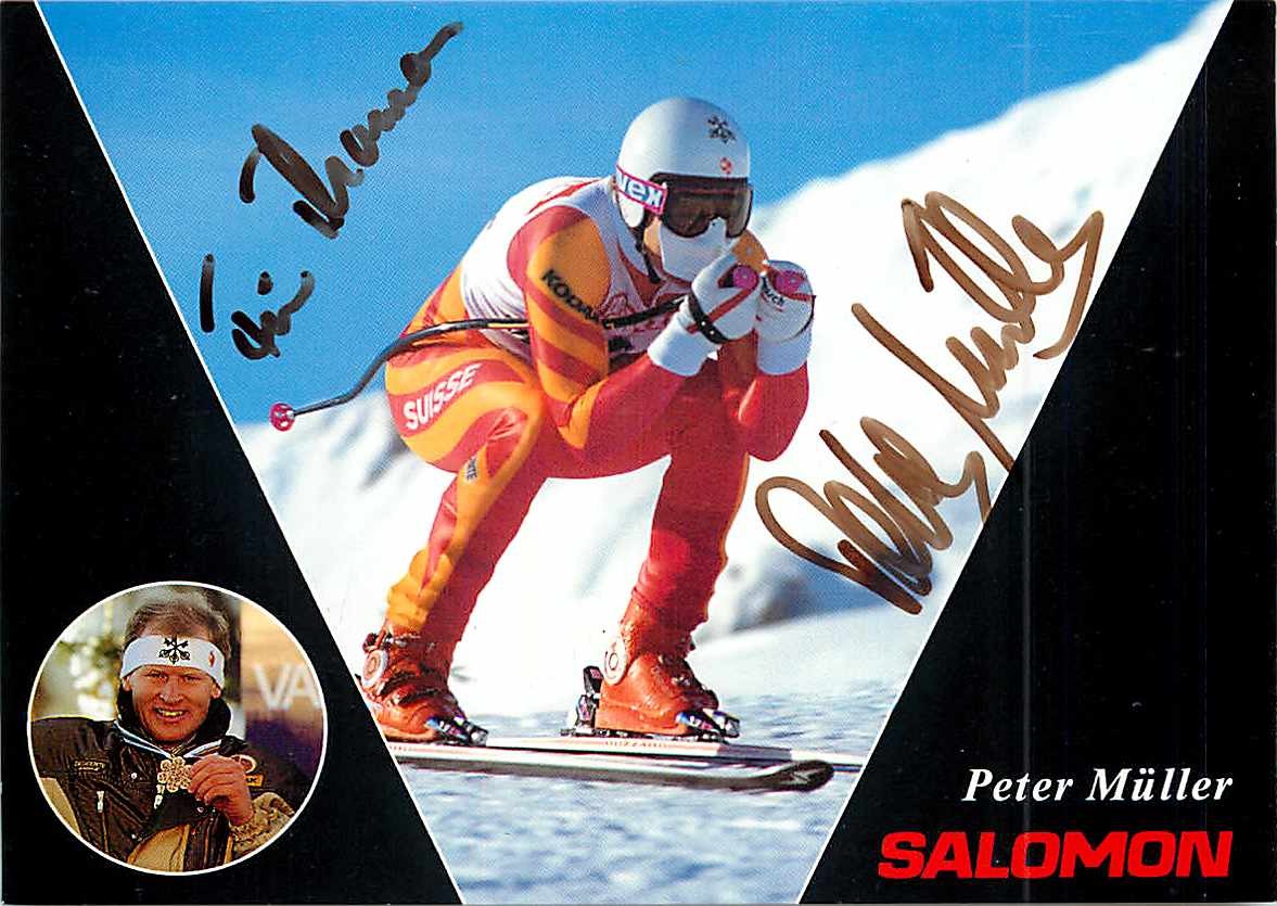 Biglietto autografo Peter Müller leggenda svizzera dello sci Salomon campione del mondo