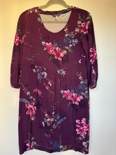 Joules Alison Dress Size UK12 Plum Floral Pattern 3/4 Sleeve Round Neck Pleats