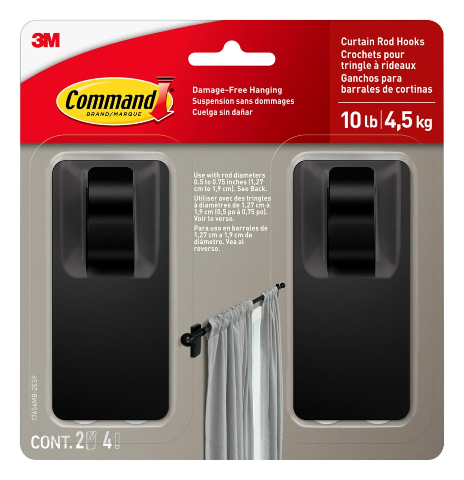Command 10 lb Matte Black Curtain Rod Hooks, 2 Hooks and 4 Command Strips, No