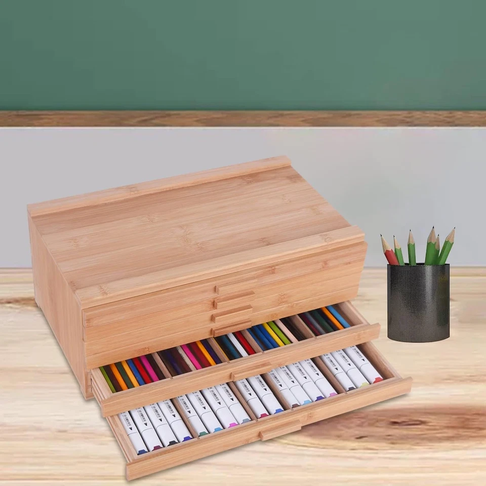 Caja de almacenamiento de suministros de artista de bambú con 6 cajones con compartimentos separados para organizar Foto 2 de 4