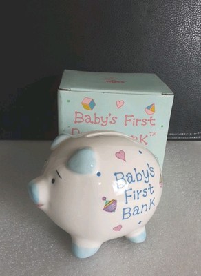 Russ Vintage Ceramic Piggy Baby's First Bank Blue NIB 2.5x3.5''