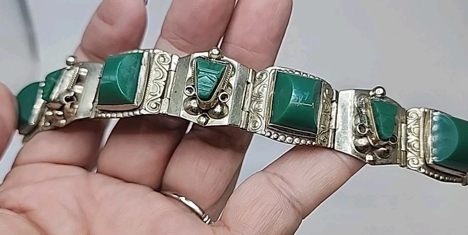 Vintage Mexican Taxco Sterling Silver Green Onyx Link Cuff Bracelet 7.25"  - Image 4 of 4