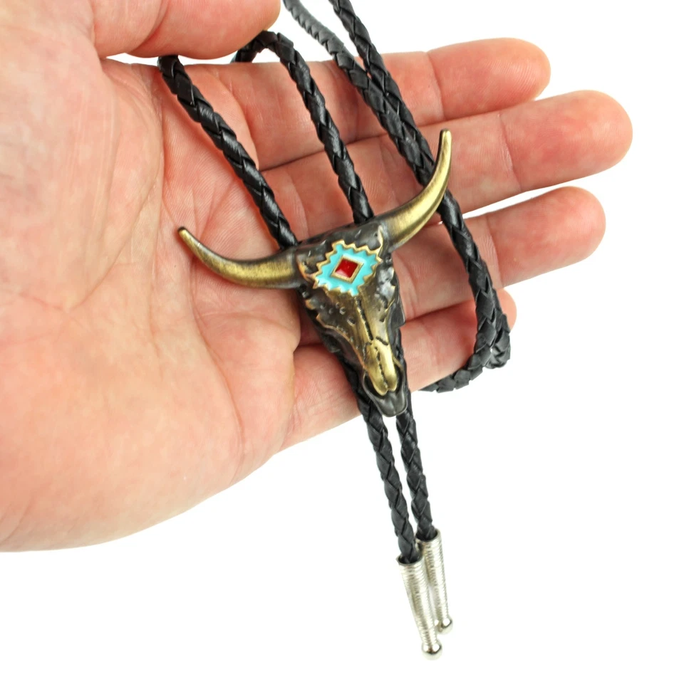 Corbata de latón Western Longhorn calavera bolo esmalte turquesa cordón de 36 pulgadas hecha en EE. UU. Foto 3 de 4