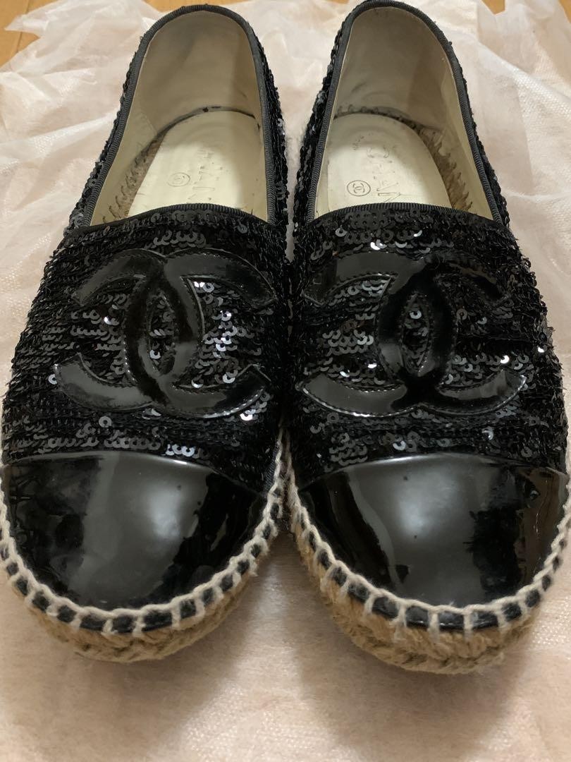 Chanel Espadrilles Shoes Black Sequins With Coco Mark Size 37 US About7 Women thumbnail 16