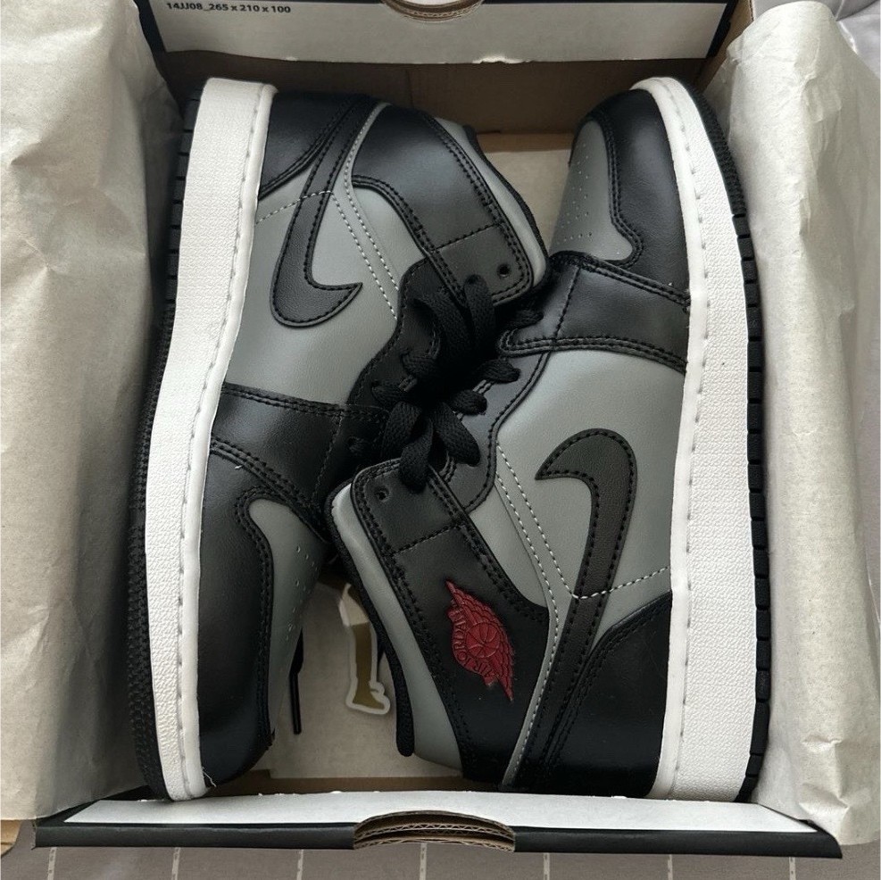 Nike Air Jordan 1 Mid GS Black Grey Red Boys' Sneakers US Size 5Y