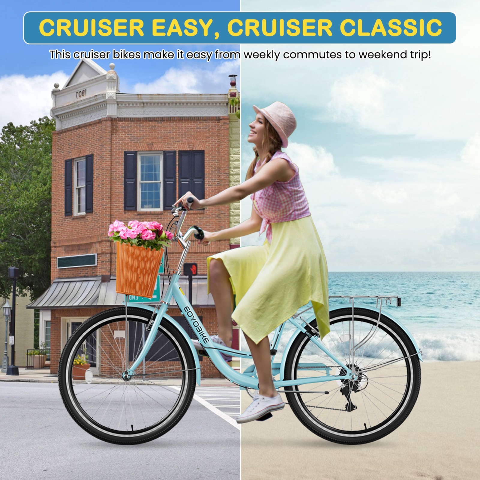 NAIZEA Womens Bike 24/26In Adult Cruiser 7-Speed City Bike Bicycle for Commuting