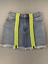 Carmar Colin Double Zip-Front Denim Mini Skirt Neon Yellow Raw Hem Y2K Rave 26