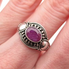 925 Sterling Silver Vintage Real Oval-Cut Ruby Beaded Oxidized Ring Size 7.75
