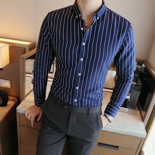 Men Long Sleeve Striped Shirts Slim Fit 