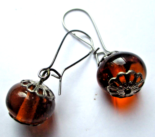 Boucles D'oreilles Percées Vintage Résine Verte Et Perle Argent - Modèle 4553, Occasion