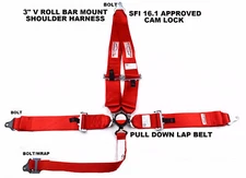 RED SAFETY HARNESS SFI 16.1 RACING 5 POINT V MOUNT 3" CAM LOCK SEAT BELT