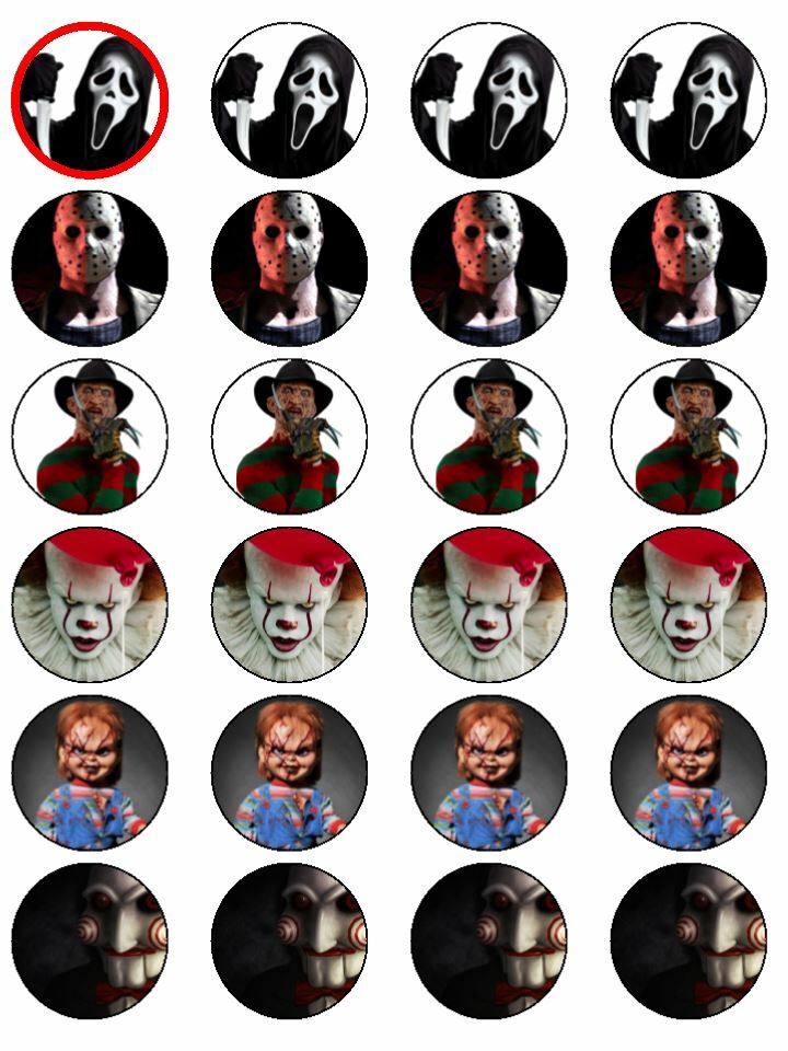 CUPCAKE TOPPERS SAW, CHUCKY, IT CLOWN, SCREAM, HALLOWEEN, WAFER PAPER  x 24