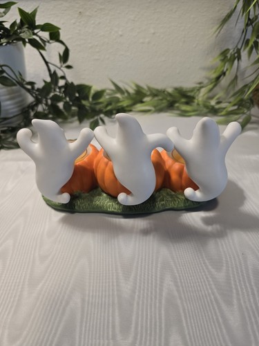 Spooky Partylite Ghost Trio with Pumpkins Tealight Holder P7262 Halloween IOB - Picture 4 of 8