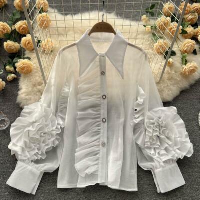 Women Sheer Mesh Ruffle Blouse Shirt Top Retro 3D Flower Women Sheer Mesh Ruffle Blouse Shirt Top Retro 3D Flower