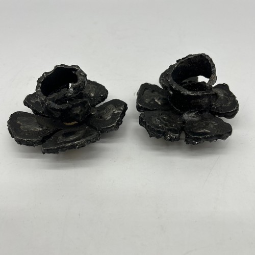 VTG Brutalist Metal Set Of 2 Candlestick Holders Made In US Flower Wrought IRON - Picture 4 of 15