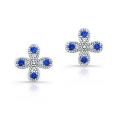 Blue Sapphire Diamond Stud Earrings 14K White Gold Floral 0.39 TCW Natural