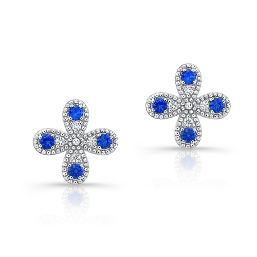 Zaffiro Blu Diamante Orecchini a Lobo 14K Oro Bianco Floreale 0.39 TCW Naturale