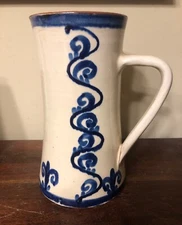 Vintage Folk Art Pottery Ceramic Pitcher Vase with Handle 8 3/4 in Tall, Glazed 