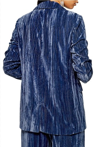 Topshop Sz 2 Crinkle Velvet Blazer Jacket Straight Pant 2 Piece Suit Set Blue - Picture 20 of 23