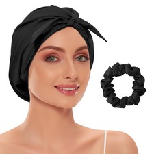 22 Momme 100 Mulberry Silk Hair Bonnet for Sleeping Curly Color02-black