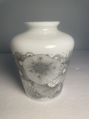 Vintage 1970 s Hurricane Lamp Shade Milk Glass W/Black & White Floral Design