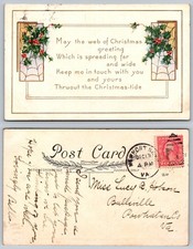 1917 Christmas Holly Web Postcard Whitney Made Posted Sport, VA to Powhatan