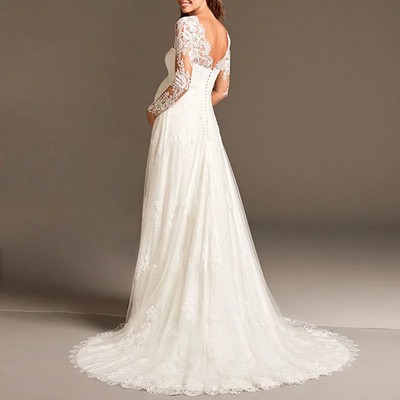 Elegant Empire Pregnant Wedding Dress Long Sleeve Maternity Lace Bridal  Gowns | eBay